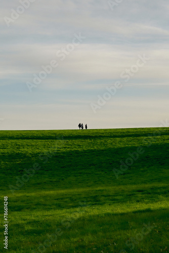 People walking in a green field at sunset