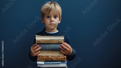 a 4-year-old boy proudly holds a stack of heavy books in his hands against a navy blue background, creating a heartwarming and inspiring image with space for text to convey messages of education.