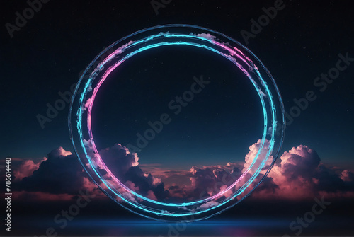 background with glowing circle frame with sky clouds view, copy space for design and text