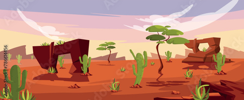 Vector illustration of desert landscape. Cartoon scene of incredible sunny desert landscape with boulders, rock formations, green trees with trunks, cacti, bushes, pastel sky with white clouds.