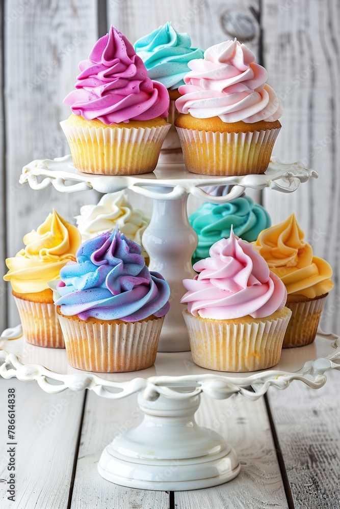Tasty cupcakes with butter cream on cake stand