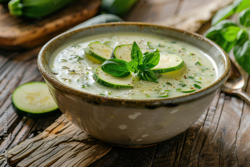 Zucchini cream soup puree in bowl on wooden table Zucchini cream soup puree in bowl on wooden table