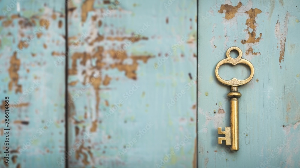 Golden Key Hanging on Blue Door Golden Key Hanging on Blue Door