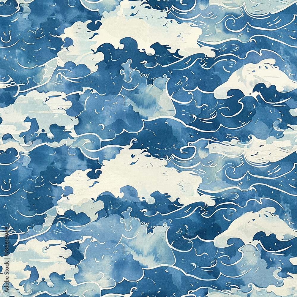 watercolor seamless pattern with sea waves. blue sea print