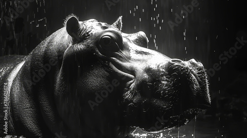  A black-and-white image of a hippo in a watery pool, mouth agape