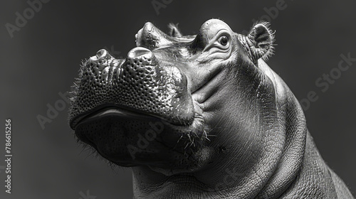   A black-and-white image of a hippo opening its mouth wide, displaying its extended tongue photo