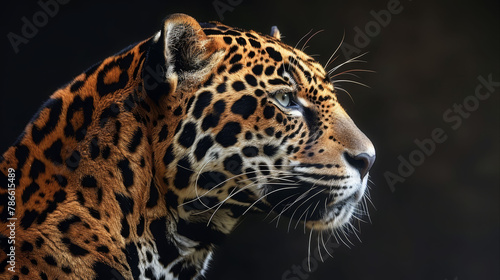   A tight shot of a leopard's face against a black backdrop, with an out-of-focus leopard silhouette in the background © Anna