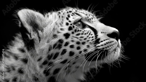   A black-and-white image of a cheetah gazing into the distance with widened eyes against a pitch-black backdrop