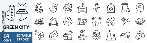 Green City web line icons set. Includes CO2 neutral, Electric Bike, Green Energy, Windmill, Electric Car. Outline icons with editable stroke collection. and More © Ruslan Ivantsov