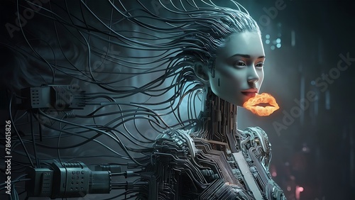 portrait of a woman with hair, portrait of a woman, cyber woman with a computer,  artificial intelligence, AI girl, wire  photo