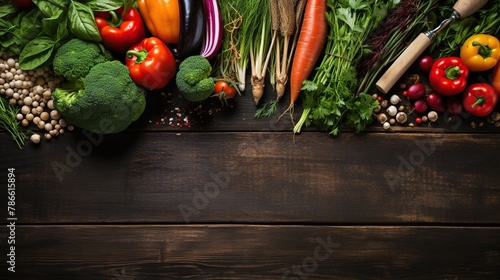 Top view and flat lay of fresh vegetables and fruits Healthy Raw vegetables scattered on rustic wooden table surface. photo