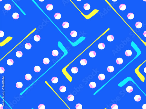 Seamless pattern with golf clubs and balls. Golf putter and a golf ball in a minimalist style. Design for typography, banners and posters, promotional items. Vector illustration