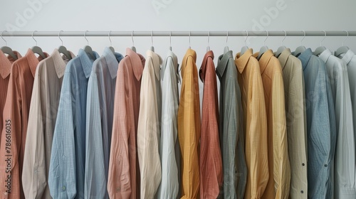 a collection of linen shirts elegantly displayed on hangers in a light-filled store, featuring calming shades such as natural, terracotta, peach, blue, gray, light blue, burgundy, and sand.