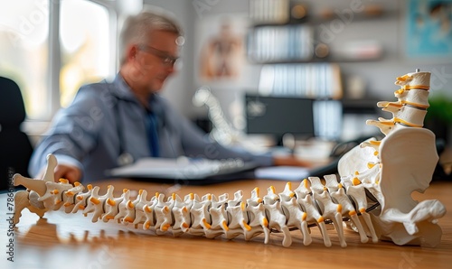 Model of the spine on the table in the office of the therapist, neurosurgeon photo