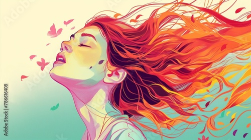 Illustration of a woman with long red hair flowing in the wind