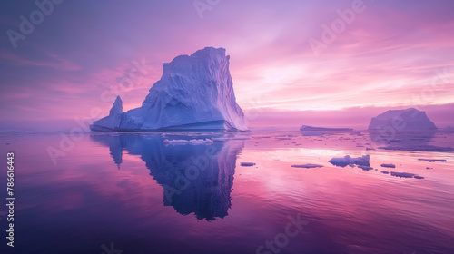 A serene iceberg scene at sunset with vibrant pink and purple hues reflected in the calm sea water.