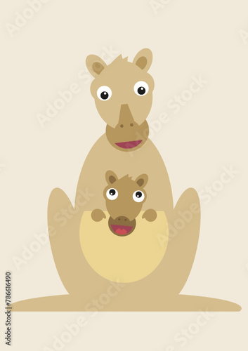 Kangaroo mother and baby, animal vector illustration, rare and endangered mammal, wild, Australia, detailed vector file, fully editable, for posters, isolated, clip art, nursery home decor (ID: 786616490)