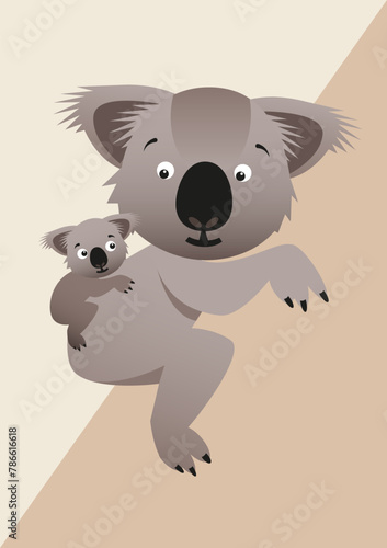 Koala mother and baby, animal vector illustration, rare and endangered mammal, wild, Australia, detailed vector file, fully editable, for posters, isolated, clip art, nursery home decor (ID: 786616618)