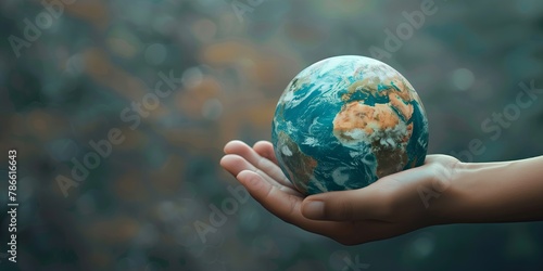 A hand holding a globe. The concept of peace and environmental protection. Empty space for text