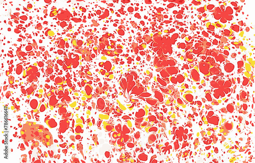 Flowers. Stain pattern art. Traditional Turkish Ebru or Suminagashi technique. Red and yellow painting on water. Hand drawn vector illustration