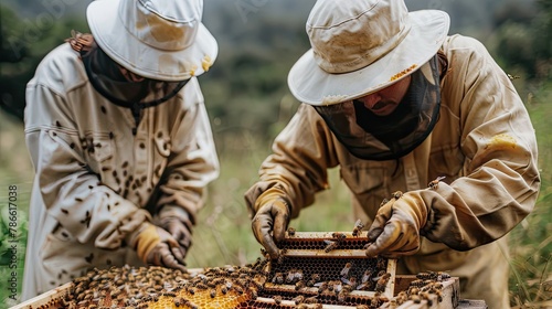 a male and a female, both clad in beekeeper suits and white beehive hats, delicately handle honeycomb frames teeming with bees, showcasing the partnership and harmony between humans and nature © lililia