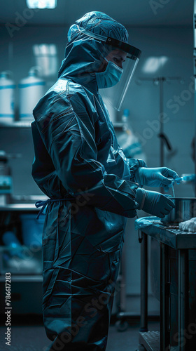 A Surgical Technologist Preparing operating rooms and sterilizing surgical equipment, realistic people photography photo