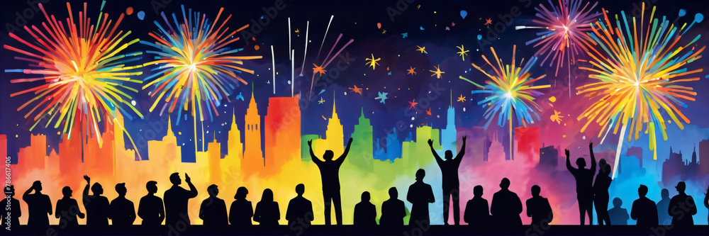 Colorful header with LGBTQ+ community gathering to watch rainbow fireworks, celebrating Pride month with love and inclusivity, embracing diversity. LGBT people silhouette watching fireworks Colorful header with LGBTQ+ community gathering to watch rainbow fireworks, celebrating Pride month with love and inclusivity, embracing diversity. LGBT people silhouette watching fireworks