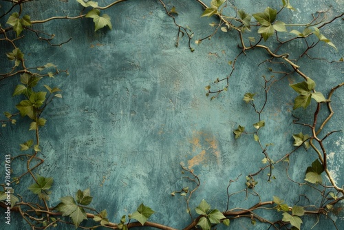 A blue textured background with a dark green leafed vine growing around the edges.