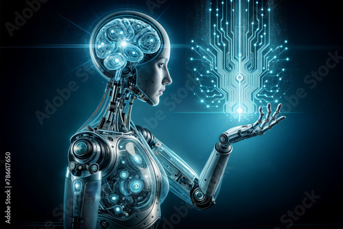 Intelligence artificielle, AI, IA, android, robot, ordinateur intelligent, Processus d'apprentissage automatique, Concept des technologies informatiques modernes, circuit intelligent