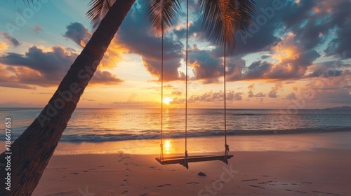 Romantic beach sunset. Palm tree with swing hanging before majestic clouds sky. Dream nature landscape, tropical island paradise, couple destination. Love coast, closeup sea sand. Relax pristine beach