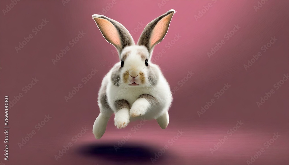 Fototapeta premium A cute fluffy rabbit jumps happily, with a dark pink background