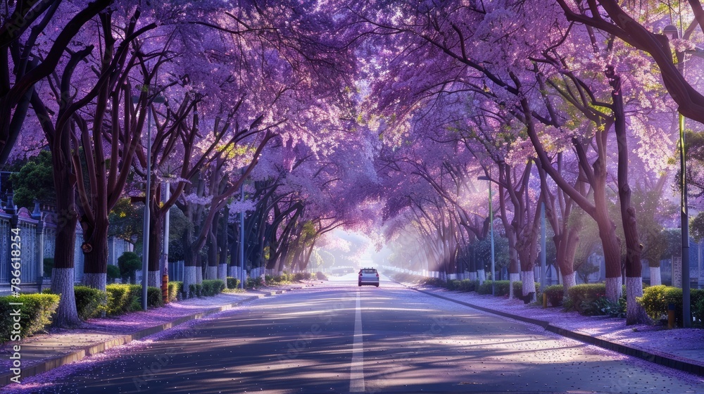 jacaranda trees burst into full bloom, lining the road with a mesmerizing sea of purple flowers while a car drives through this natural wonder, capturing the refreshing scenery of spring.