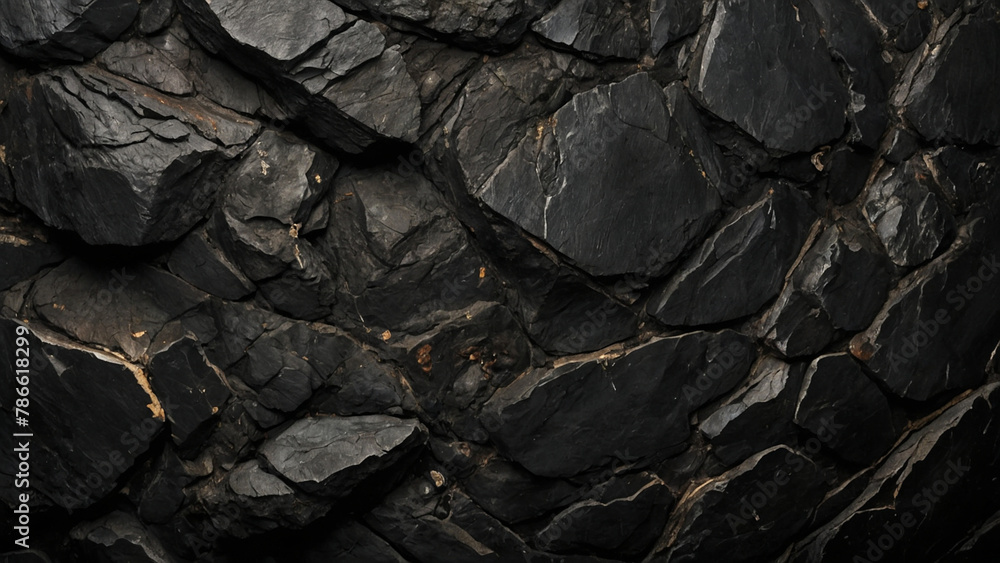 Minimalistic black stone texture, dark rough rock backdrop. AI generative.