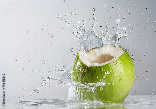 Closeup Shot of Green Coconut with Splashing Water on White Background in High photo