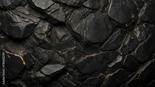 Minimalistic black stone texture, dark rough rock backdrop. AI generative. photo