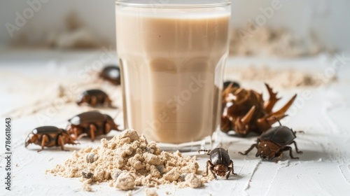 glasses of protein shake with a heap of edible insects and insect powder on a kitchen counter, showcasing alternative protein sources © Rodica