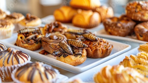 Assorted Pastries with Edible Insects. An array of delicious pastries and confections with chocolate shavings and edible insects, presenting a fusion of traditional sweets with innovative ingredients