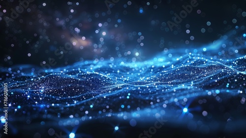 Blue and black background with a detailed, glowing, particle-based, wave pattern.