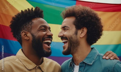 Joyful LGBTQ+ multiethnic couple - laughing gay men at Pride Parade, embodying the spirit of Pride month with happiness and unity. Smiling people celebrating Pride Day against rainbow LGBT flag photo