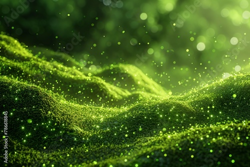 Create a 3D render of a green grassy field with glowing green fireflies in the background and a bright white light in the top right corner.