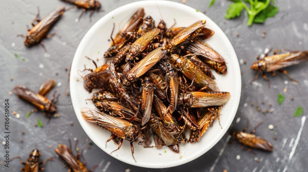 Assorted Edible Insects Plate. A diverse platter of edible insects, featuring a variety of species, served on a white plate for a unique gastronomical experience Assorted Edible Insects Plate. A diverse platter of edible insects, featuring a variety of species, served on a white plate for a unique gastronomical experience