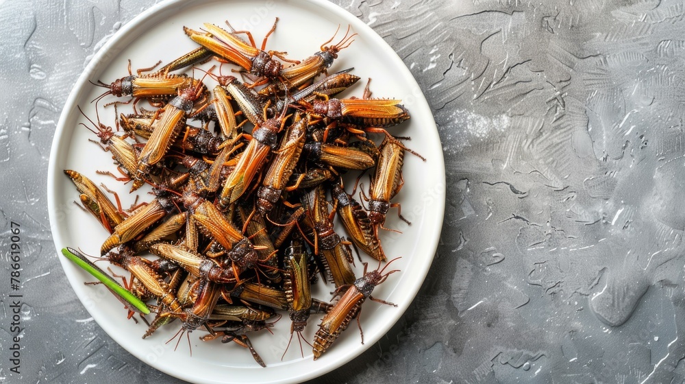 Assorted Edible Insects Plate. A diverse platter of edible insects, featuring a variety of species, served on a white plate for a unique gastronomical experience