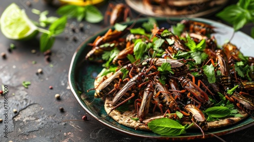 Gourmet Crackers with Edible Insects. A luxurious spread of crackers topped with edible locusts and adorned with fresh basil, merging traditional appetizers with contemporary sustainable eating