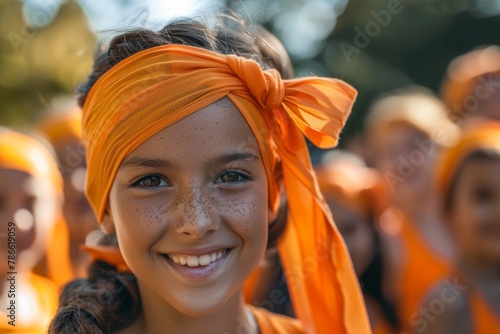 Portrait of a young girl with freckles wearing an orange bandana smiling at the camera.