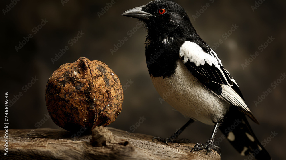 Fototapeta premium A black-and-white bird perches atop a wooden plank, near a bowl of nutmeats