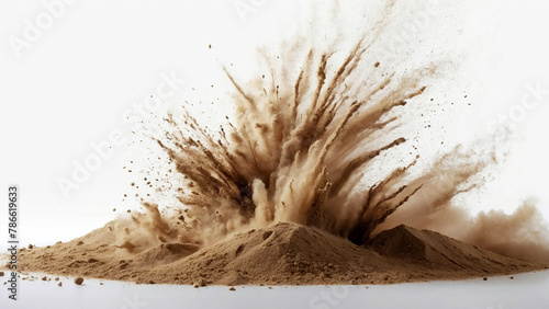 Sand explosion, dry sand on white background, studio shot. AI generative.