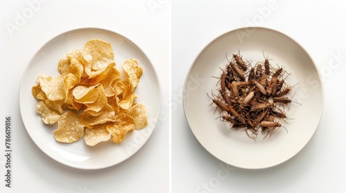 Chips and Edible Insects Snack Bowls. A contemporary snack setup with a bowl of classic potato chips alongside a bowl of roasted edible insects, blending traditional and modern tastes photo