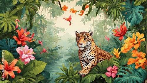 Tropical Rainforest, lush illustration. Exotic floral background with palm trees, vines, wild animals jaguar, monkey, parrots. Jungle wallpaper for kids room, interior design.
