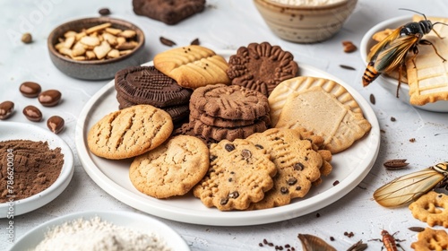 Assorted Cookies with Edible Insects. A plate of assorted chocolate chip and butter cookies, whimsically decorated with edible insects, showcases a novel approach to classic baking