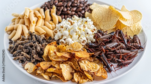 Mixed Snack Platter with Edible Insects. A diverse snack platter featuring an assortment of chips, popcorn, pasta, roasted edible insects, showcasing a fusion of conventional and novel snack options